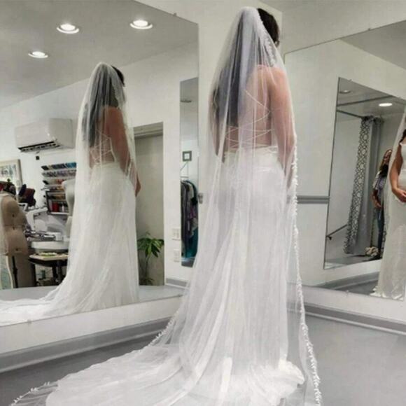 New Long Ivy Leaf Trim Bridal Veil Wedding Lace Floral Cathedral Ivory White - Picture 2 of 5